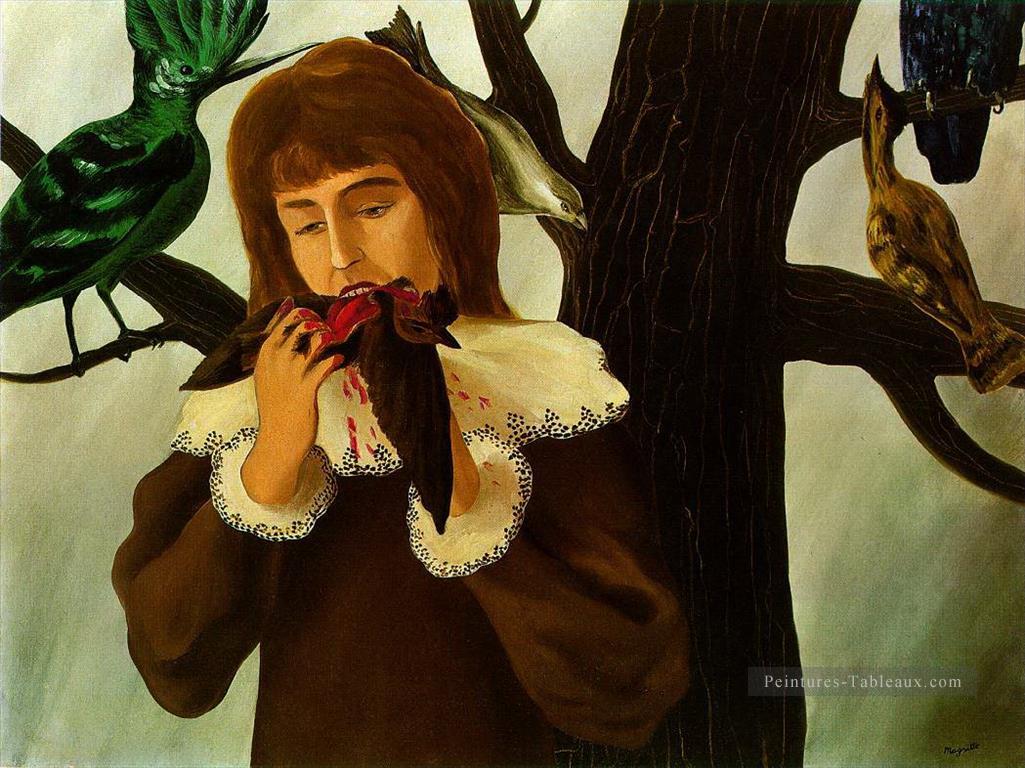 jeune fille mangeant un oiseau le plaisir 1927 Rene Magritte Peintures à l'huile